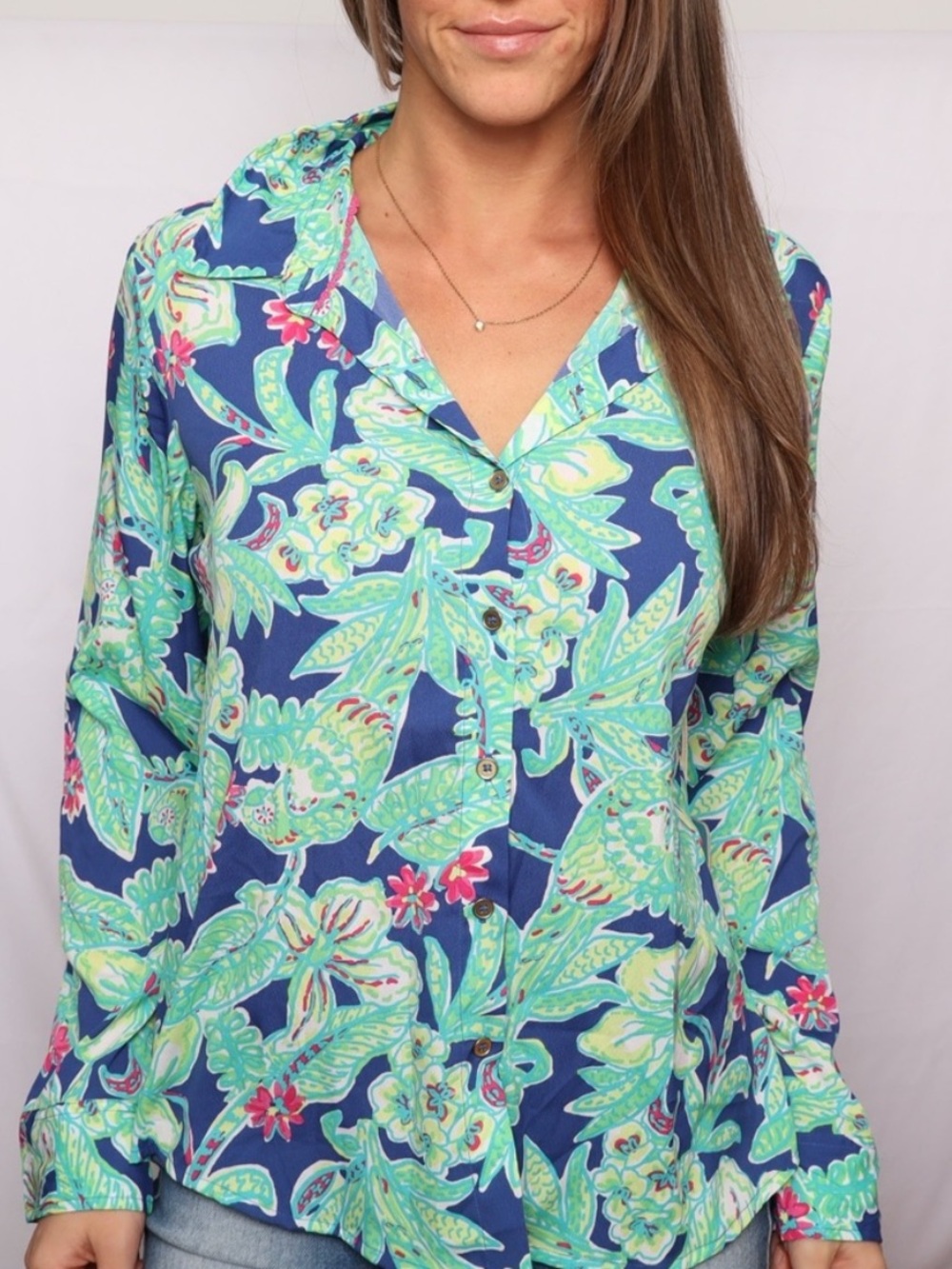 Caribbean Joe Tropical Hawaiian Print Button Down Top Medium
